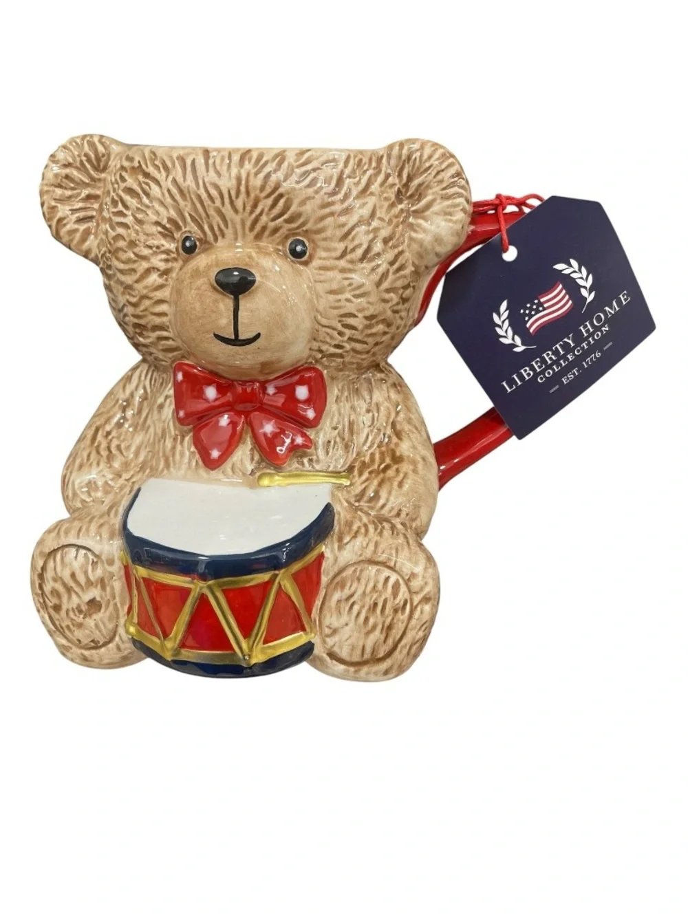 Liberty Home Red Bow Teddy Bear Drum Ceramic Mug - 26 ounces - NWT